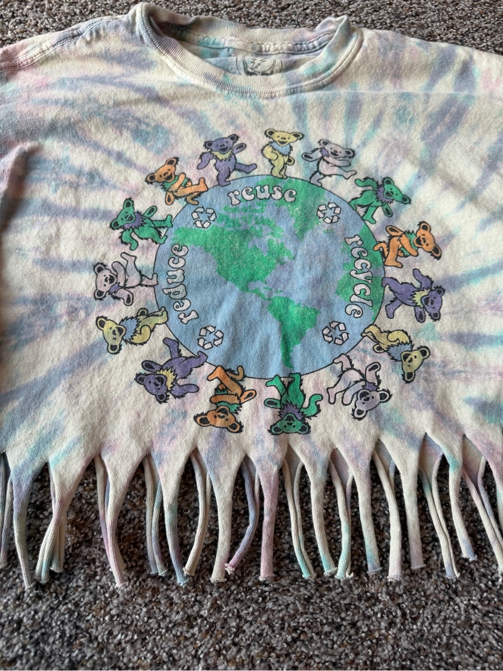 Grateful Dead S/M Dancing Bears Tie Dye Fringe Crop Reduce Reuse Recycle Tee - Picture 3 of 6